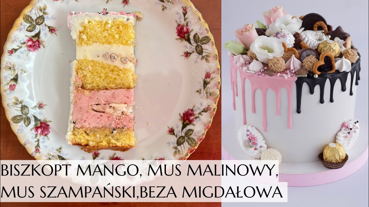 Biszkopt mango, beza migdałowa, mus malinowy na bezie włoskiej, mus prosecco