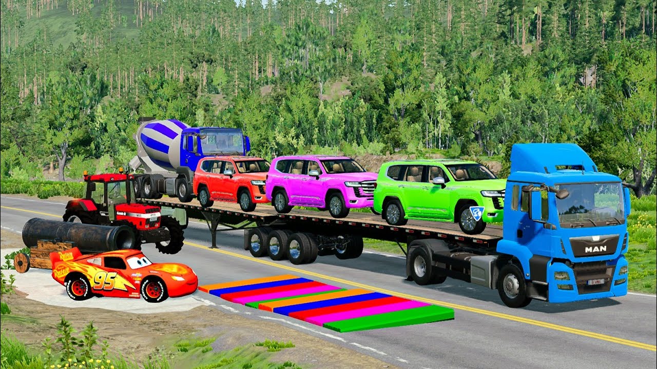Flatbed Truck McQueen | Transportation with Truck - Pothole vs Car #030 | BeamNG.Drive Gameplay