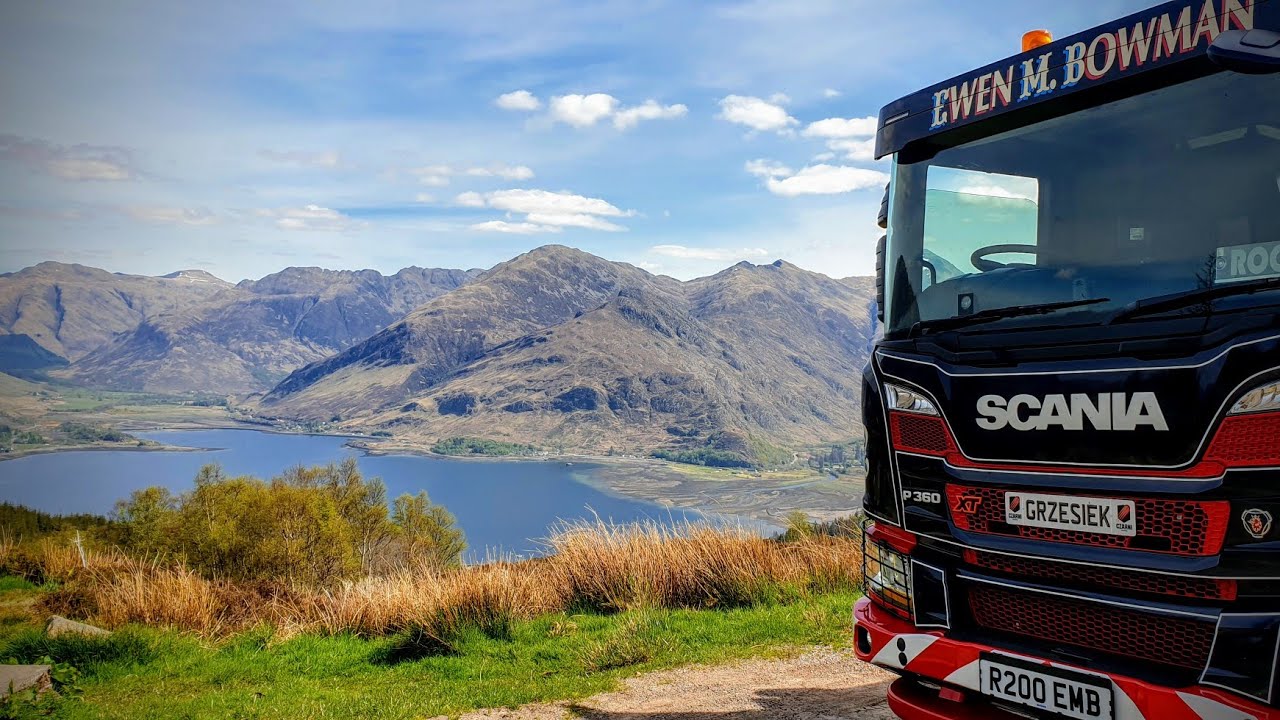 One of the most spectacular roads in Scotland - Ratagan Pass (Highlands) in Scania skip truck
