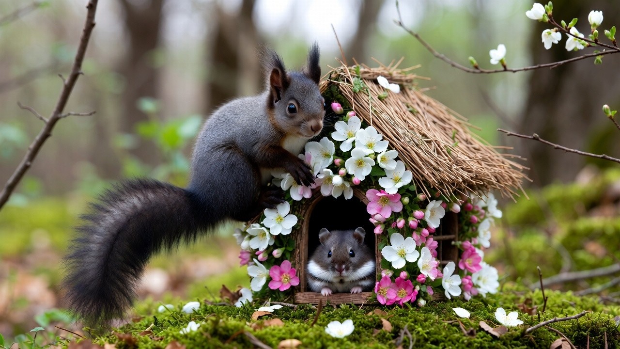Sweet Tiny Friends! Tiny Hamster & Black Squirrel in a Miniature Spring House | Super Cute Animal