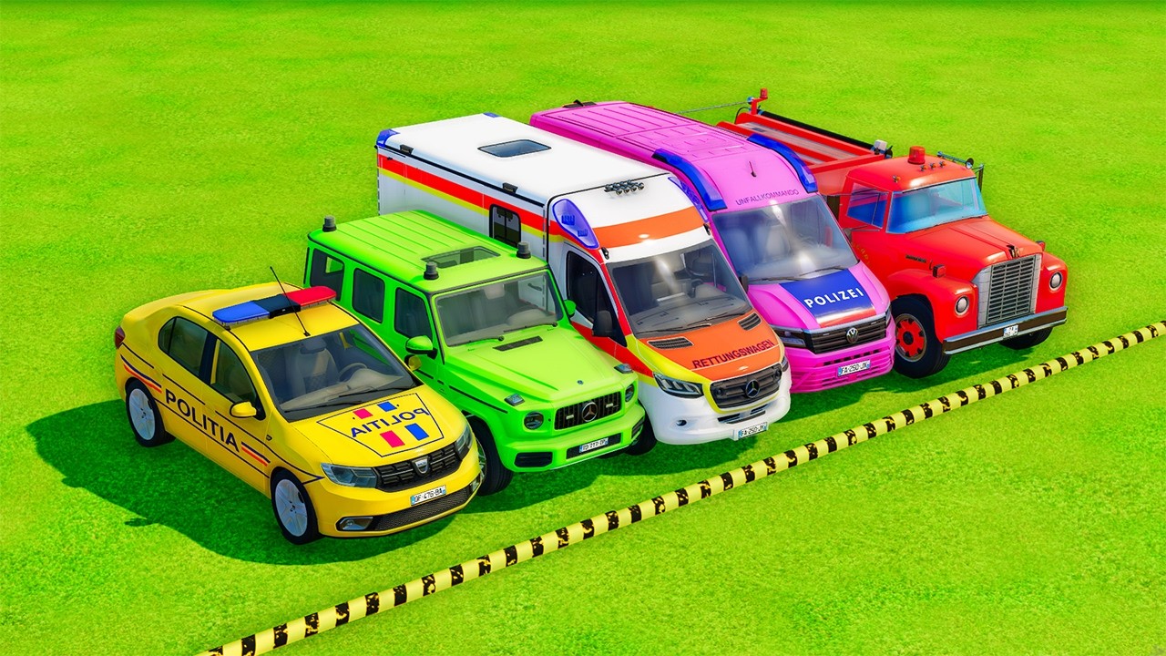 TRANSPORTING POLICE CARS, AMBULANCE, FIRE TRUCK, COLORFUL CARS WITH TRUCKS FARMING SIMULATOR 22!#050