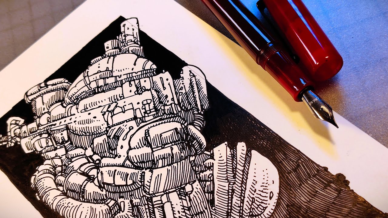 Pen & Ink Drawing - Space Station 🖋 [ASMR, No Talking]