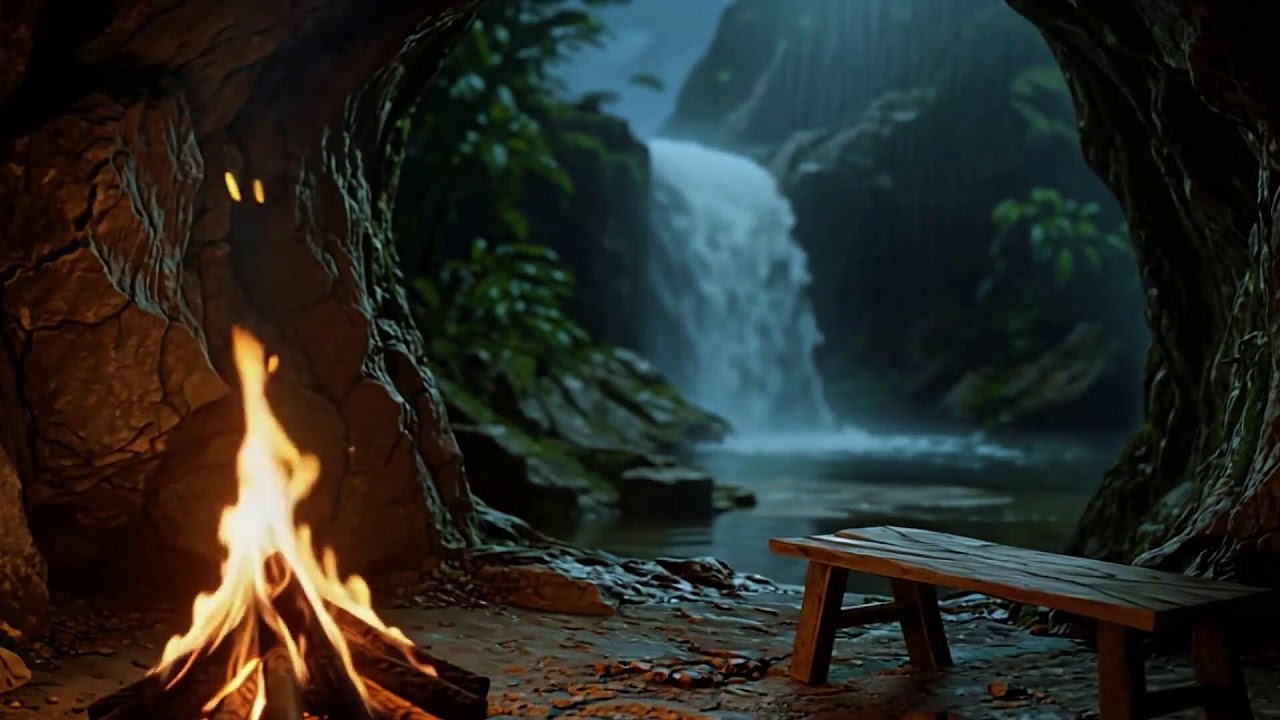 Soothing Fireplace, Waterfall & Birds Sounds for Study & Relaxation | Cozy Hearth ASMR
