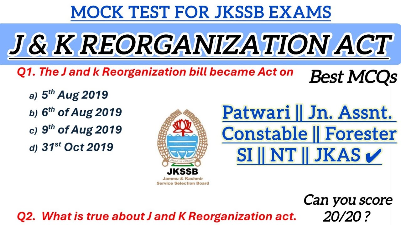 J & K Reorganization Act 2019 ||1000 MCQ Series on Gk of J & k || GK of J and K||@TheAspirants01