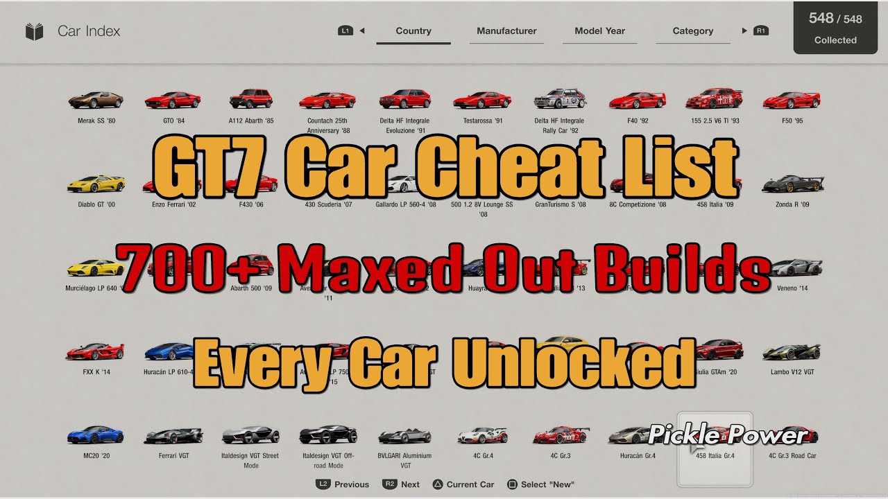 GT7 Car Cheat List | Full Collection of 548 Cars | 710 Fully Upgraded & Tuned Builds | 01/11/25