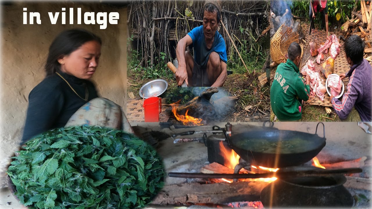Nepali Village Life || Traditional pig Cutting/pork cutting style || food Cooking with nettle soup..
