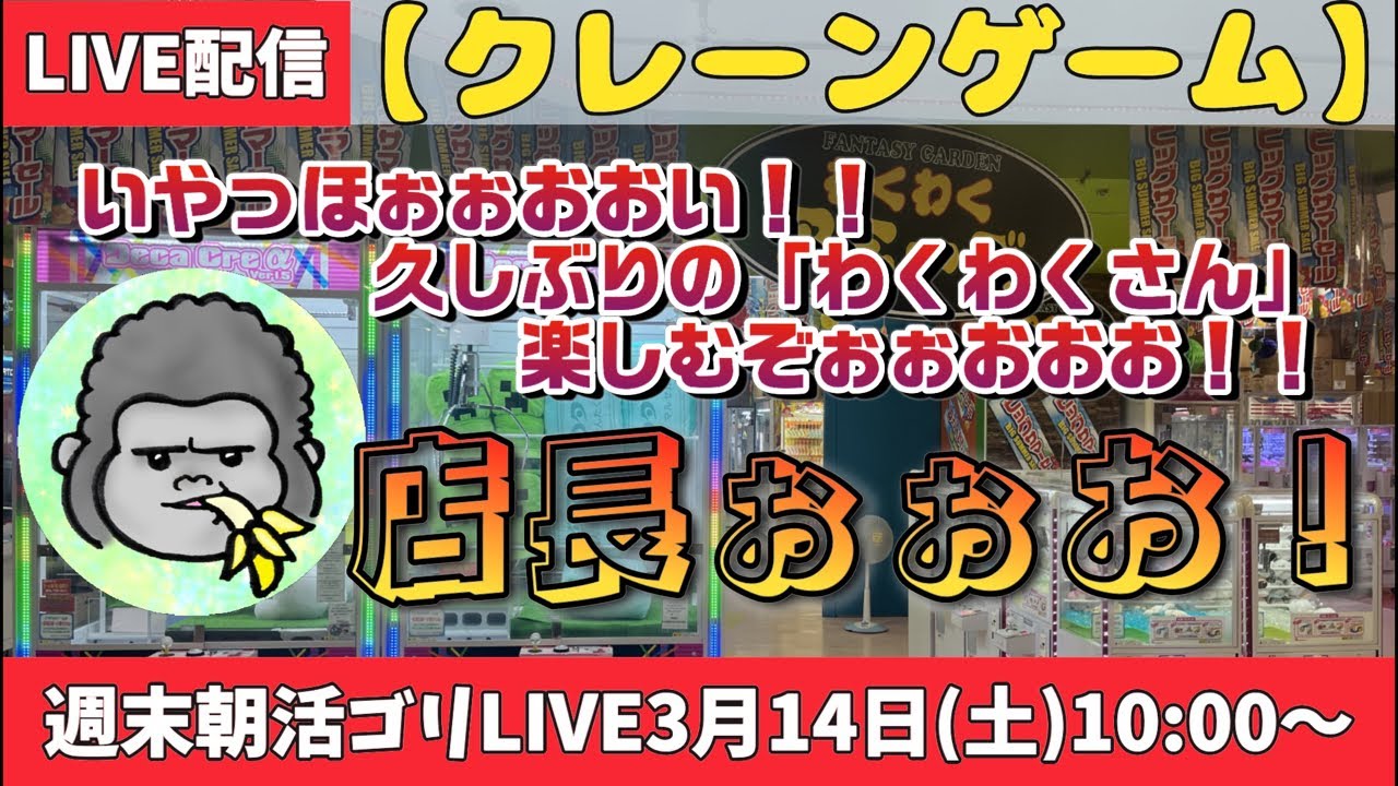 【クレーンゲーム】週末朝活ゴリLIVE🦍3月14日(日)10:00〜