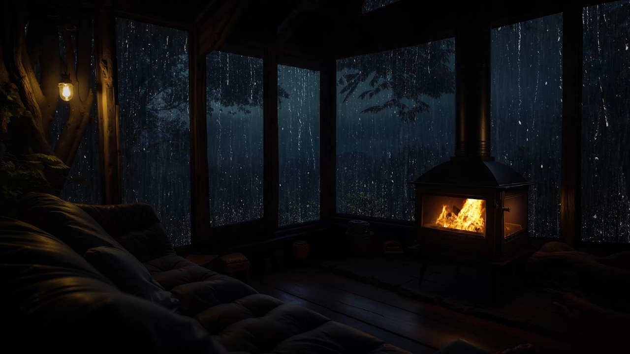 A Slow Rainy in a Wooden Cabin with Gentle Fireplace Sounds for Relaxation