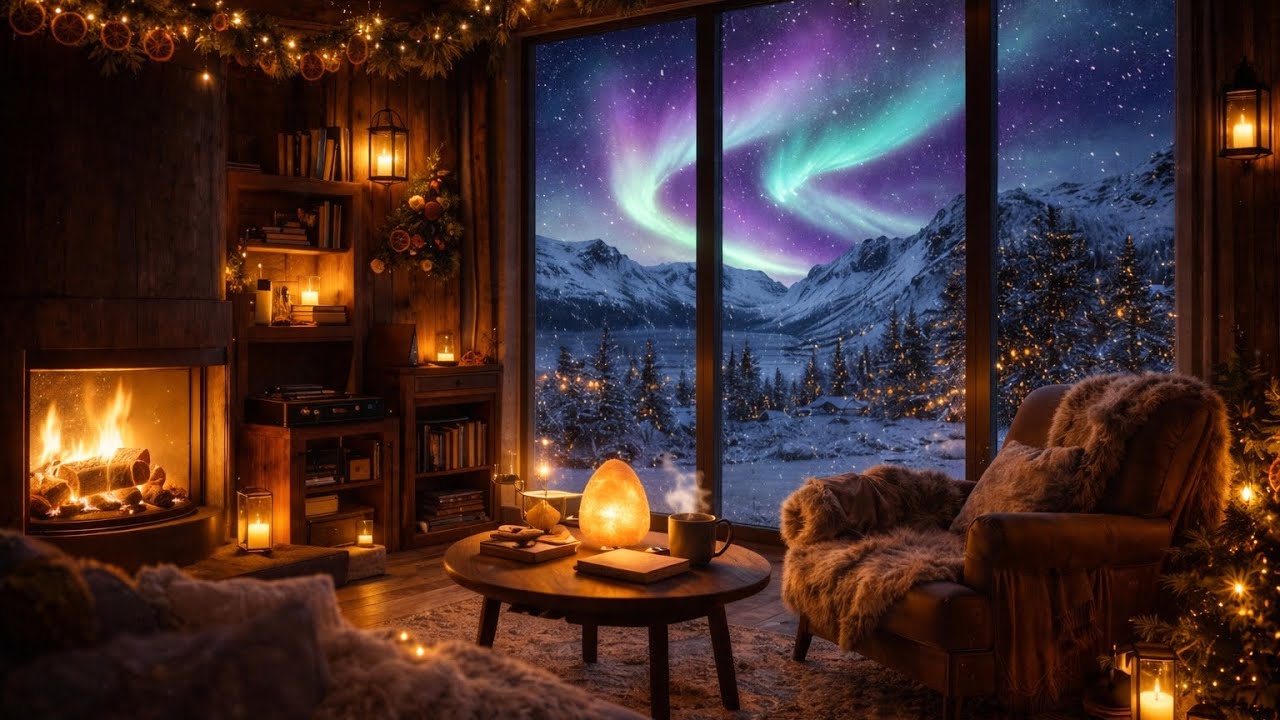 Northern Lights Cozy Cabin Ambience | Fireplace, Snowstorm & Lo-fi Sleep Music for Winter Nights ❄️🔥