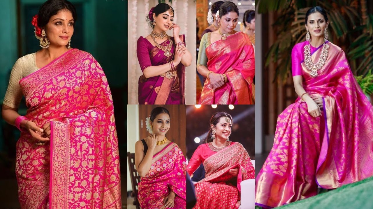 LATEST PINK SILK SAREES WITH CONTRAST BLOUSE IDEAS, PINK SAREES WITH MATCHING JEWELLERY IDEAS
