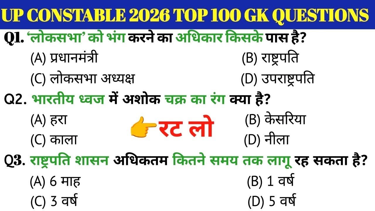 UP Constable 2026 Top 100 GK PYQ | Most Important 100 GK/GS Questions | UP Constable 2026 Special 