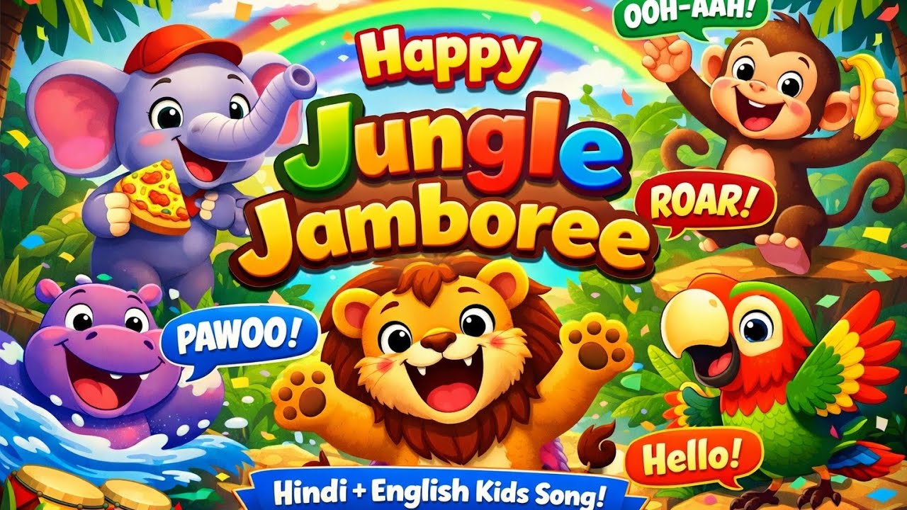 Happy Jungle Jamboree 🌴😄 | Hindi English Kids Song | Funny Animal Sounds@YKD-n9s