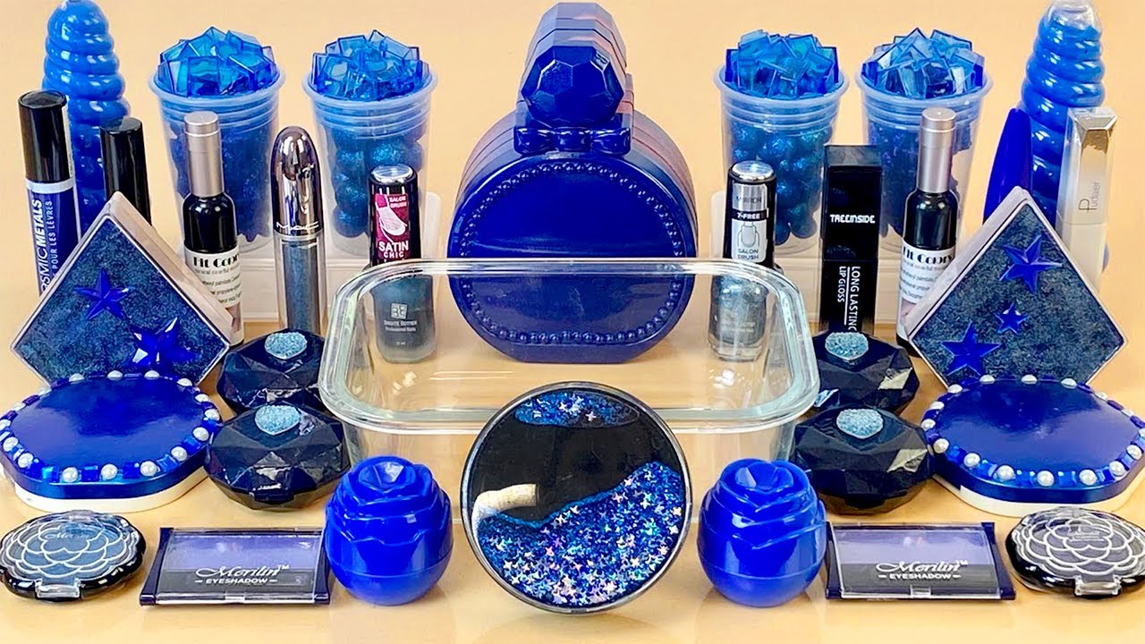 ASMR Slime Mixing ”Navy BLUE” 💙💦💤 makeup, Eyeshadow, glitter into slime. Satisfying slime video.