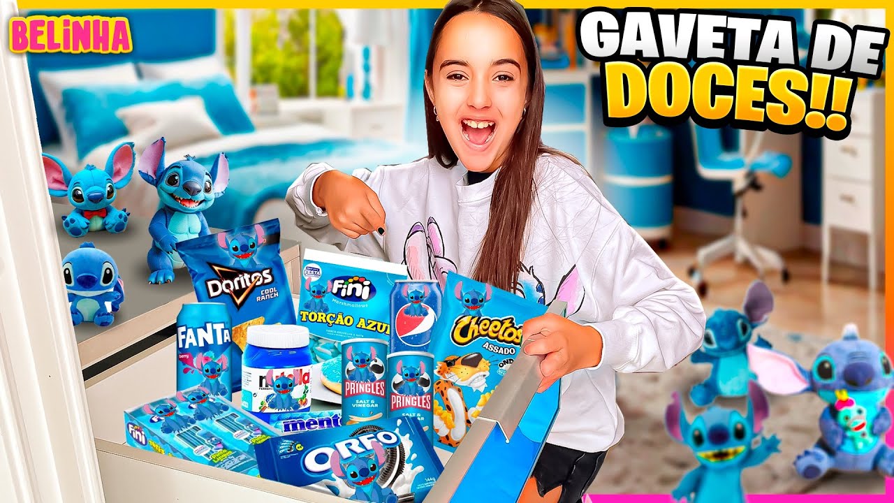 FIZEMOS UMA GAVETA SECRETA SÓ COM DOCES AZUIS DO STITCH NO QUARTO DA BELINHA
