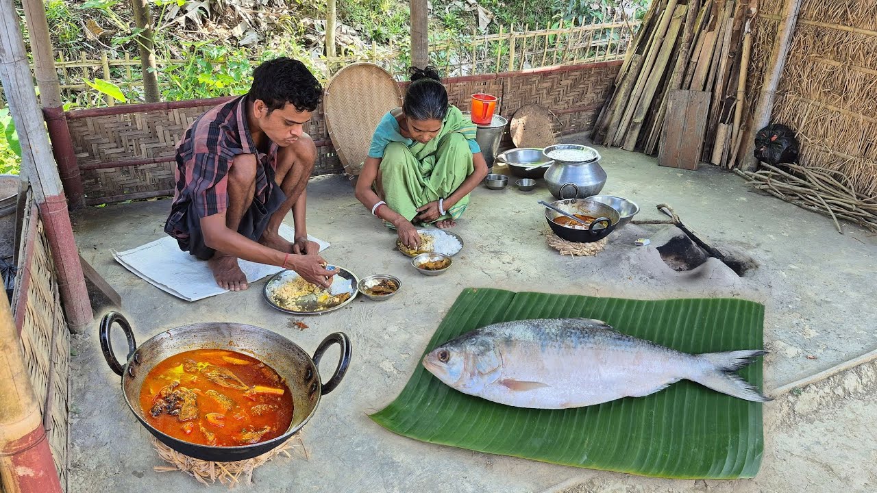 Bengali HILSA FISH Curry With SPINY GOURD Cooking & Eating By Village Mother and Son