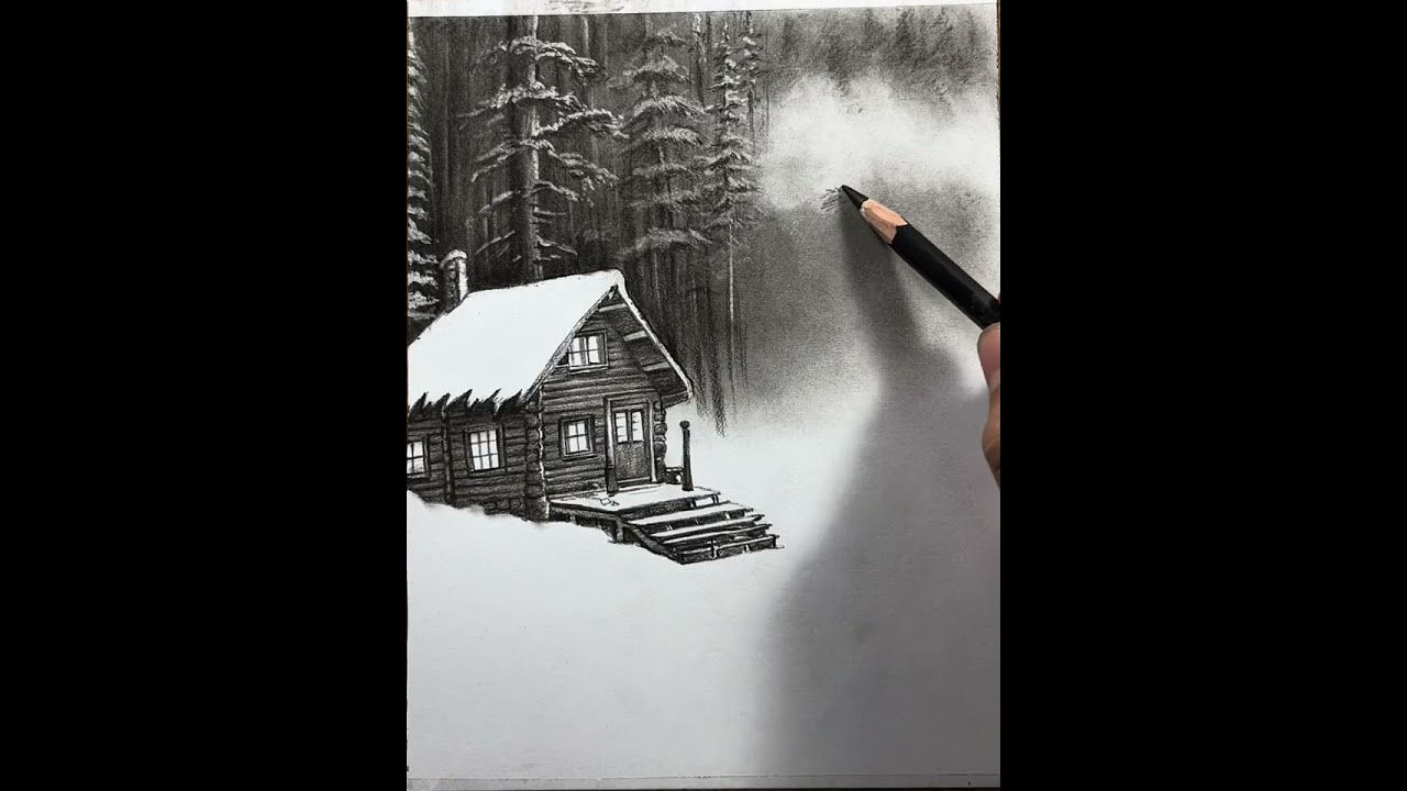 Cabin in the Snowy Forest || Relaxing Drawing asmr || Charcoal Drawing Tutorial #21