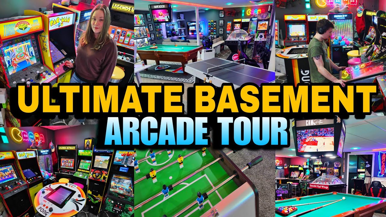 ULTIMATE HOME ARCADE & GAME ROOM TOUR! RACING RIGS, SKEEBALL, POOL, BASKETBALL, BUBBLE HOCKEY & MORE