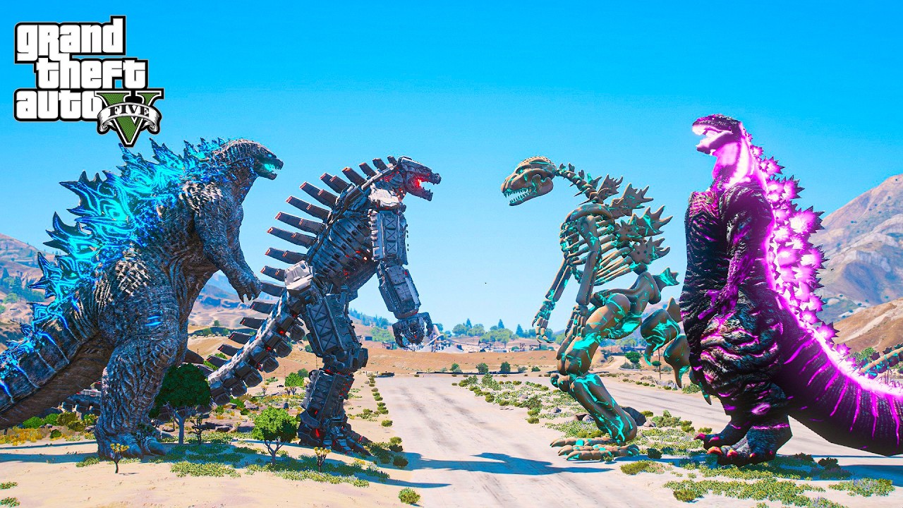 GTA 5 GODZILLA & MECHAGODZILLA vs SKELETON GODZILLA & SHIN GODZILLA