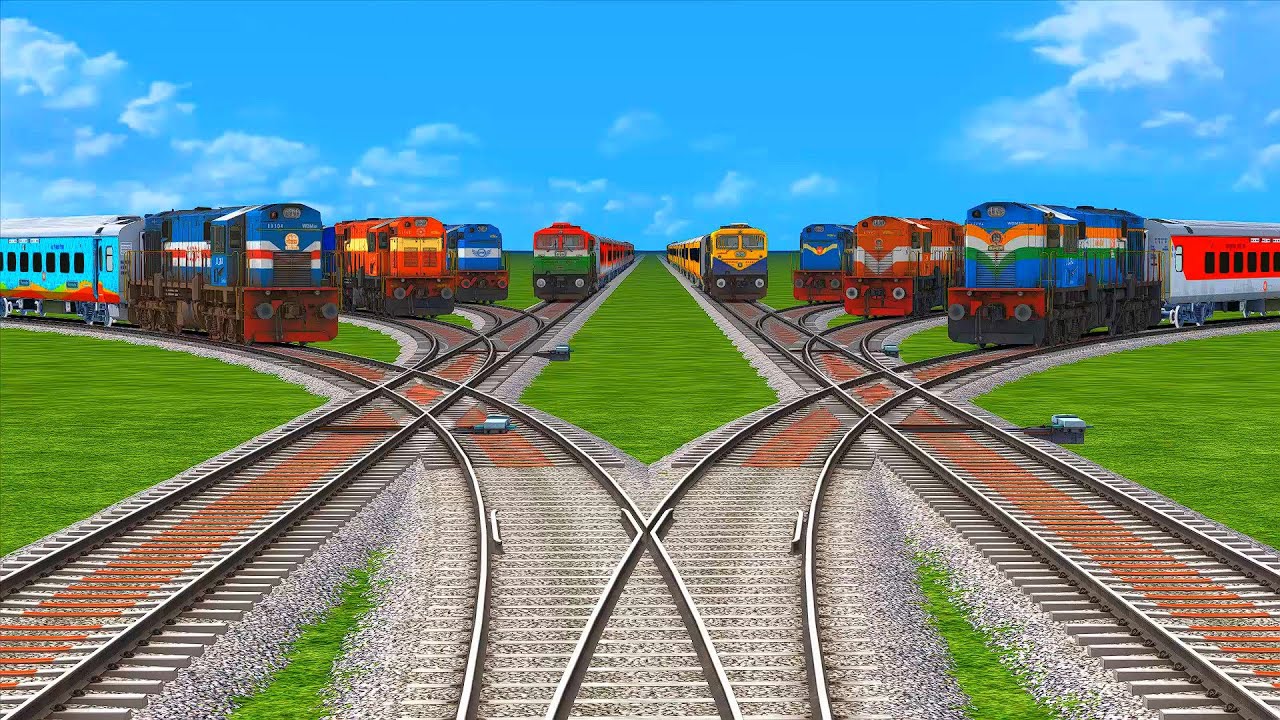 8 Colorful Trains Crazy Crossing  On Same Line Railroad | Track Bumpy Sharp Bend railroad Track 