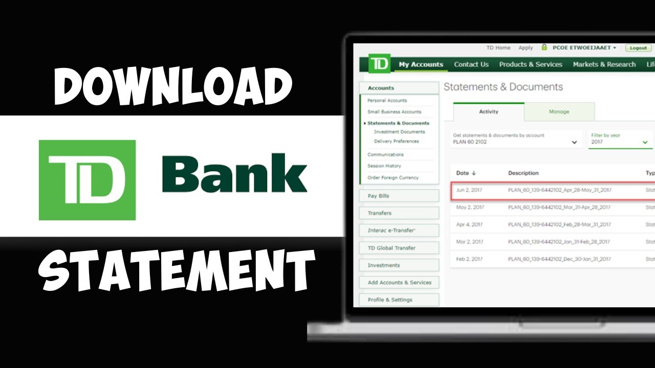 Загрузить выписку из банка TD | Загрузить транзакцию по счету банка TD в формате CSV/PDF