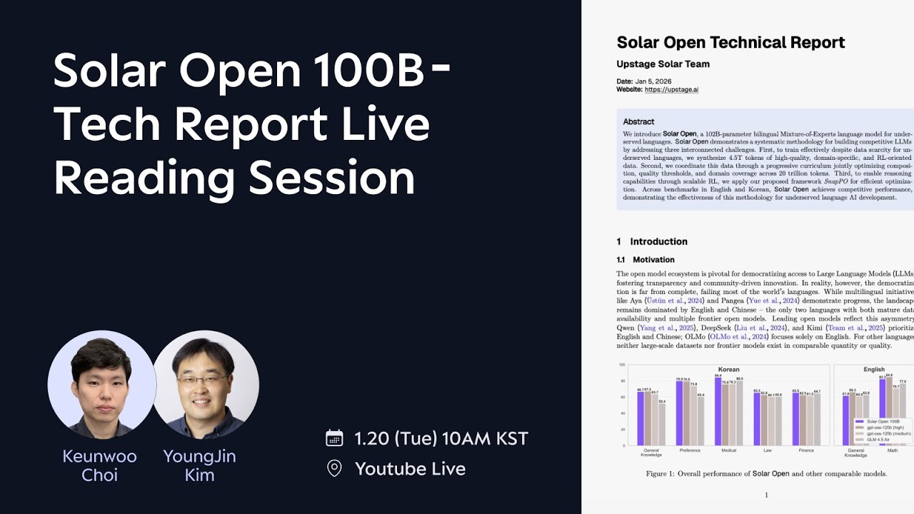 10talks Upstage 독자 파운데이션 모델 컨소시엄 세미나(Solar Open 100B - Tech Report Live Reading Session)