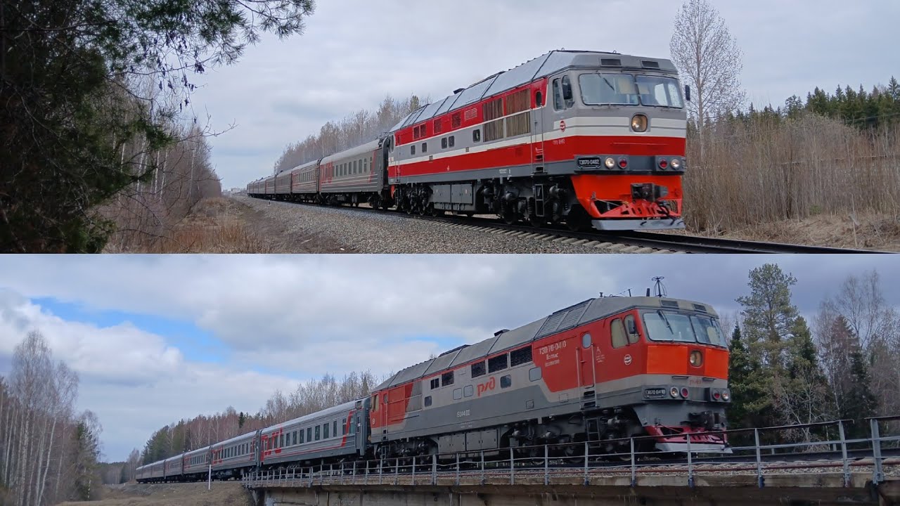 Пассажирские поезда на скорости на перегоне Човью-Койты. Май 2025