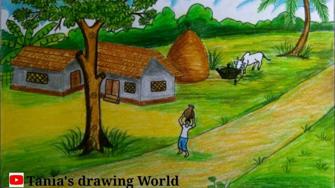 How to art a scenery with color pencils||গ্রামের দৃশ্য। Kuppai illatha enathu gramam drawing||