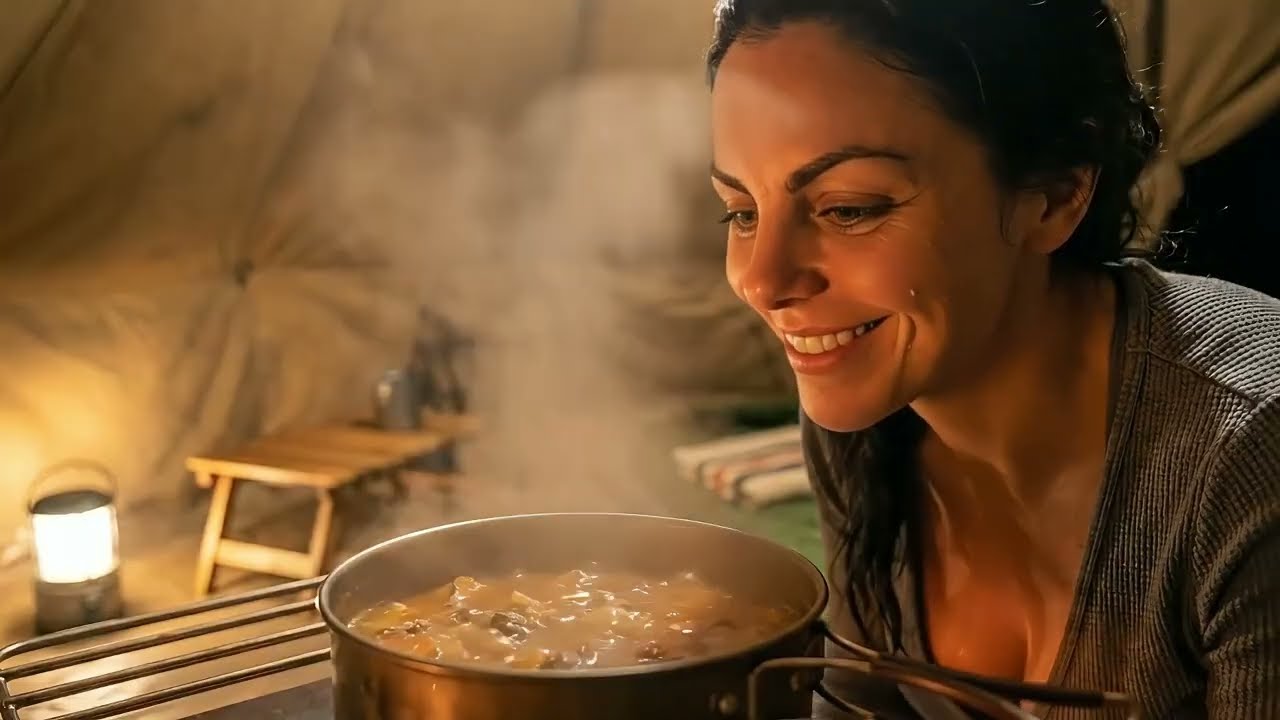 Solo Camping in Heavy Rain | Cooking & Sleeping in Cozy Tent with Wood Stove | 10 Min ASMR