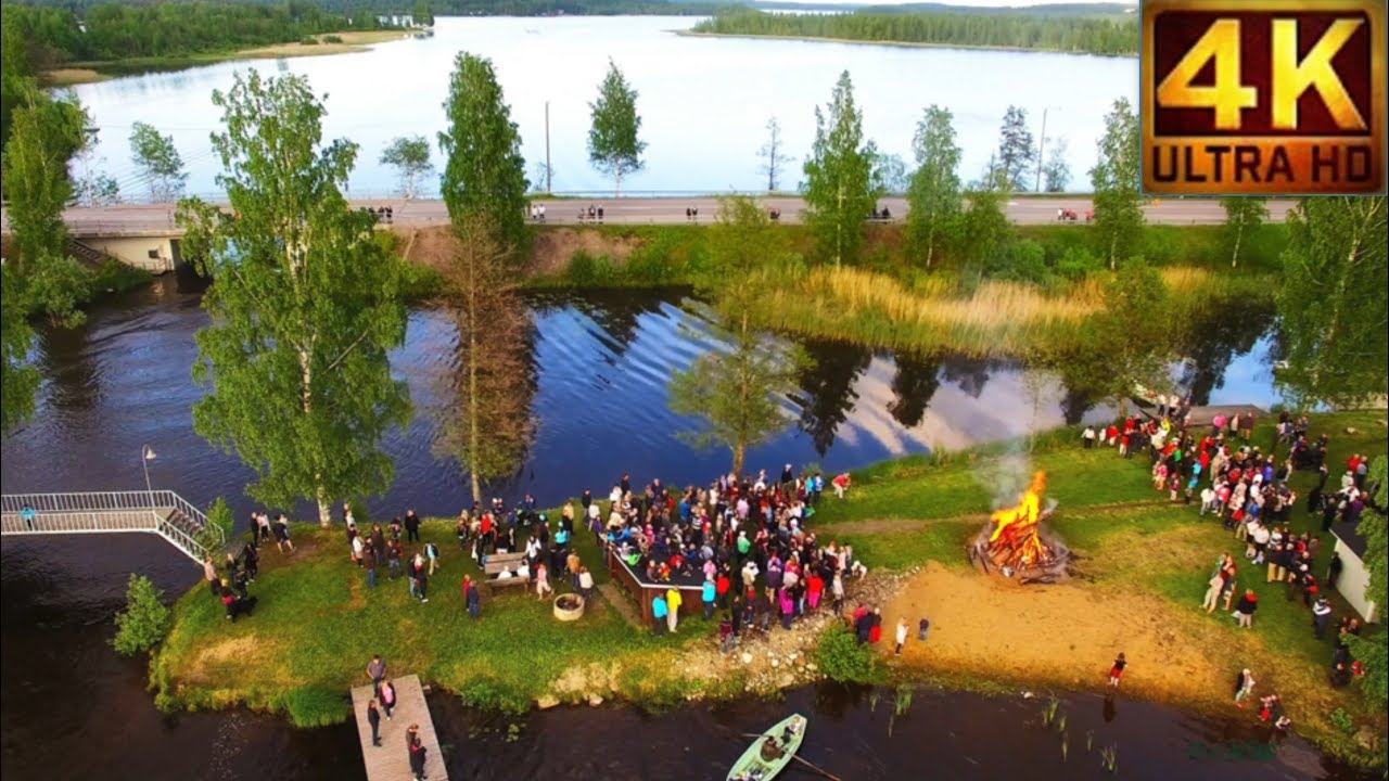 Finland S&auml;rkisalmi Juhannuskokko 4K Midsummer bonfire - Bird`s Eye view