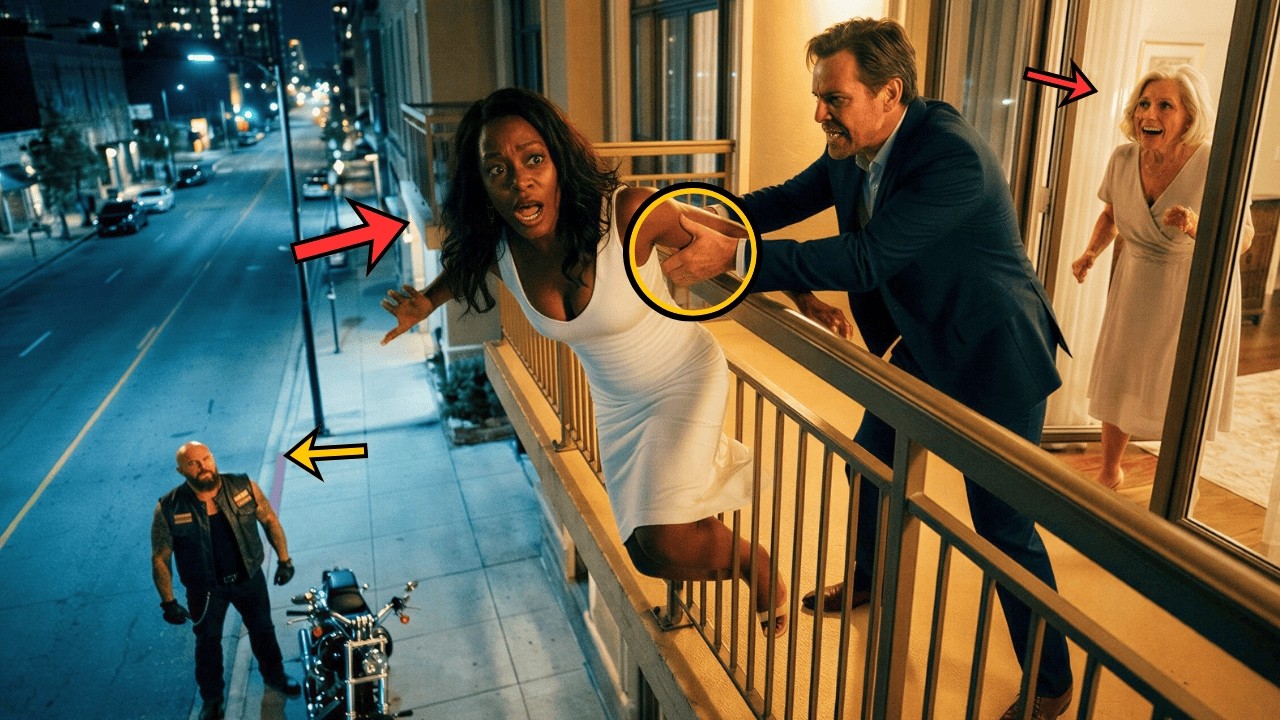 Pushed off the balcony on the night of the engagement — below, a Hell's Angelwas watching everything