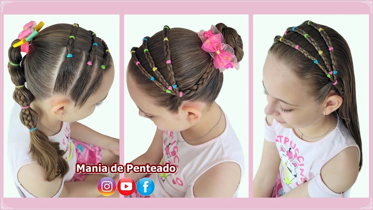 3 em 1 Penteados Fáceis com Liguinhas 🥰| 3 in 1 Easy Hairstyles with Rubber Bands for Girls 🌹🥰