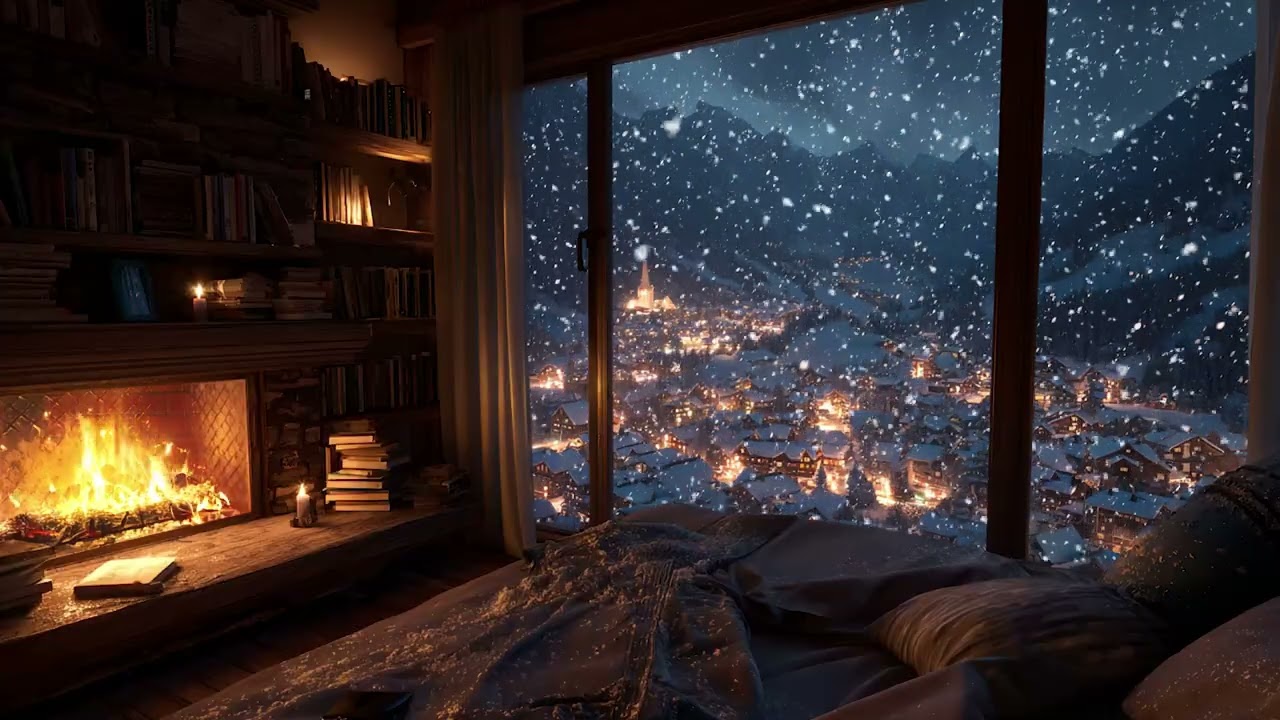 Snowy Cabin Night Ambience | Crackling Fire and Gentle Snow for Peaceful Rest