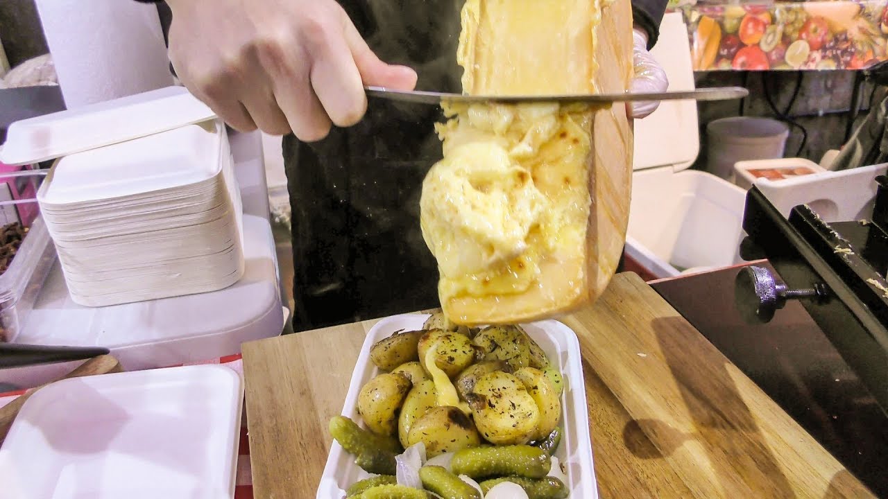 Huge Melted Cheese ! Swiss Raclette, one More Seen in London. Street Food of Brick Lane