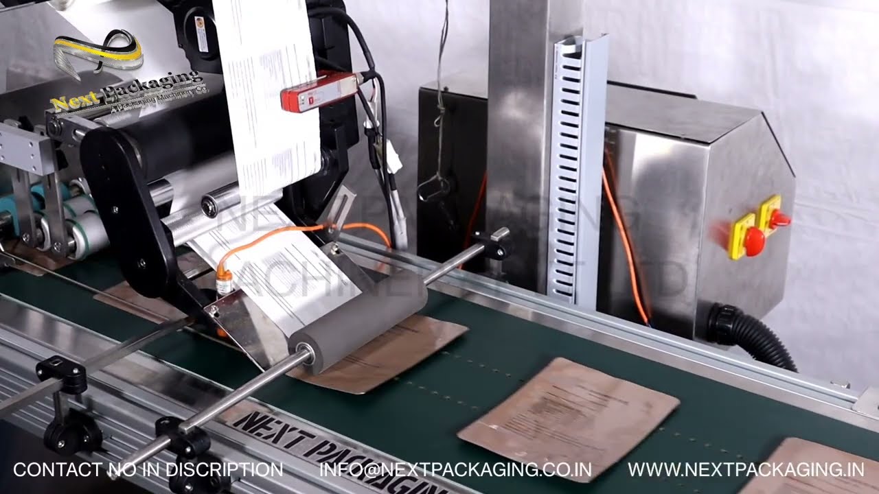 Sticker labeling machine for Plastic bags |  Pouch dispenser Friction feeder with Label applicator