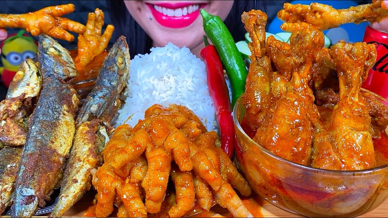 ASMR SPICY CHICKEN CURRY, FISH FRY, CHICKEN FEET CURRY, CHILI, RICE MUKBANG MASSIVE Eating Sounds