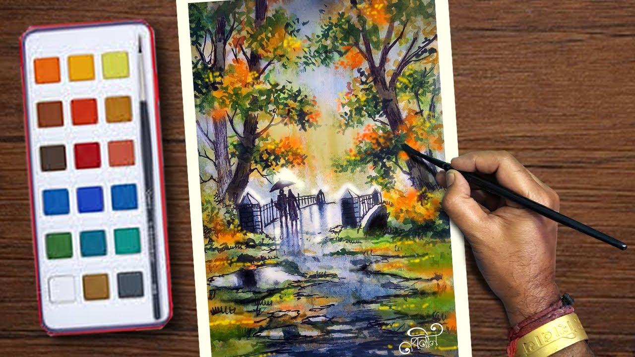 rainy day drawing with watercolor | easy rainy day painting watercolor