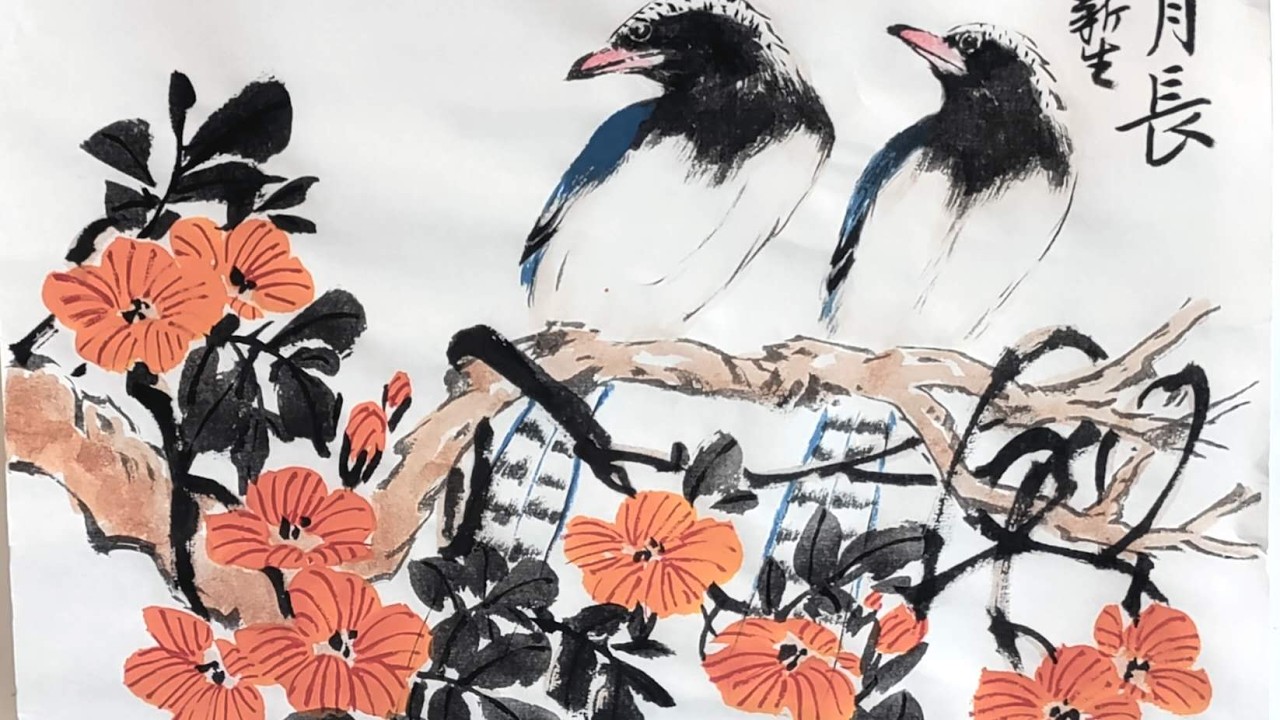 國畫紅嘴藍鵲與凌霄花 Traditional Chinese Painting of a Red-billed Blue Magpie and Chinese Trumpet Vine