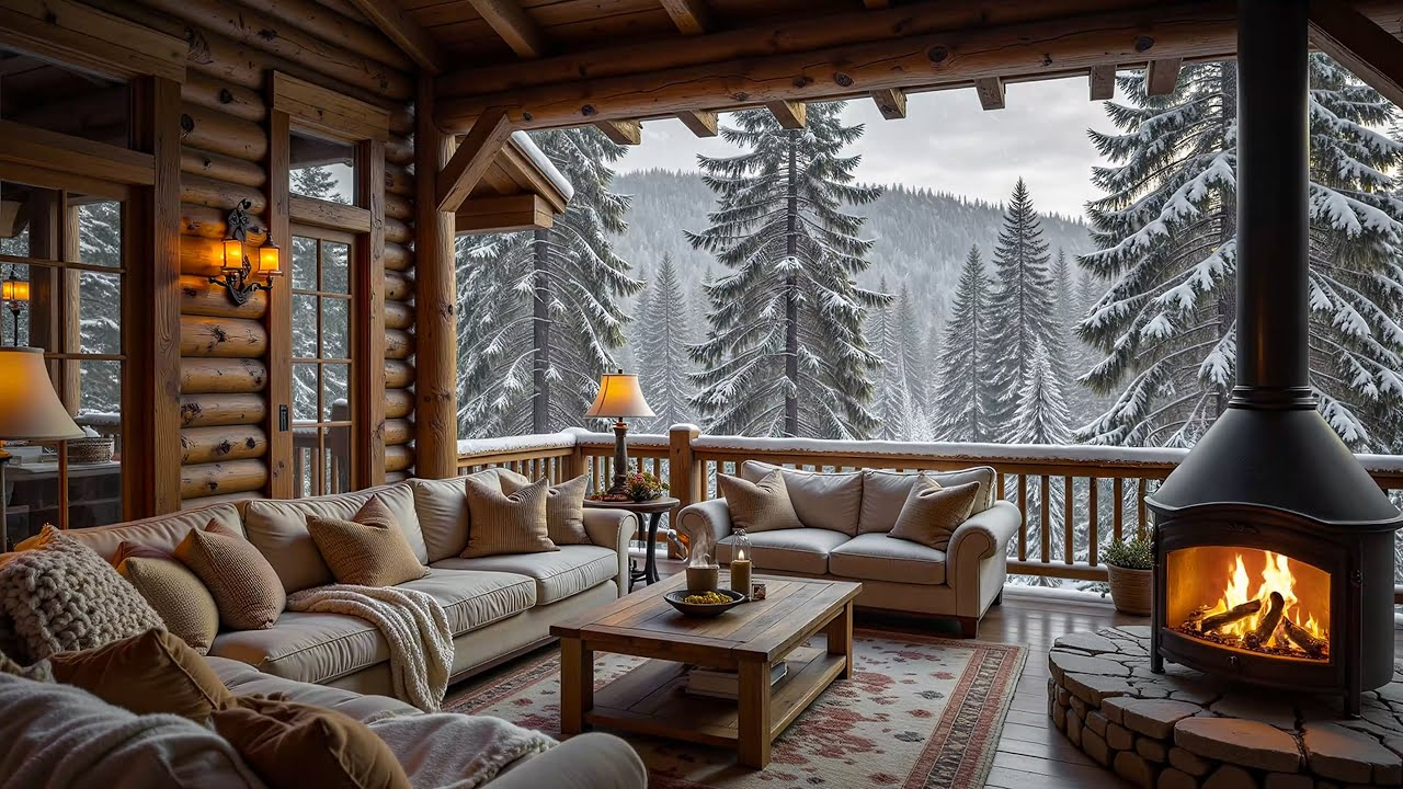 Warm Winter Cabin on Snowy Day ❄ Peaceful Ambience, Fireplace Sound with Piano Music for Relaxation