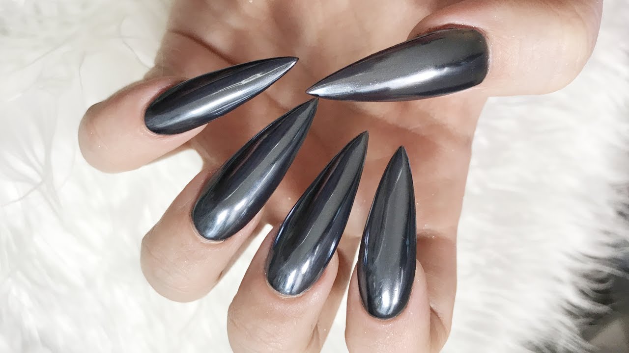 GUNMETAL CHROME STILETTO ACRYLIC NAILS