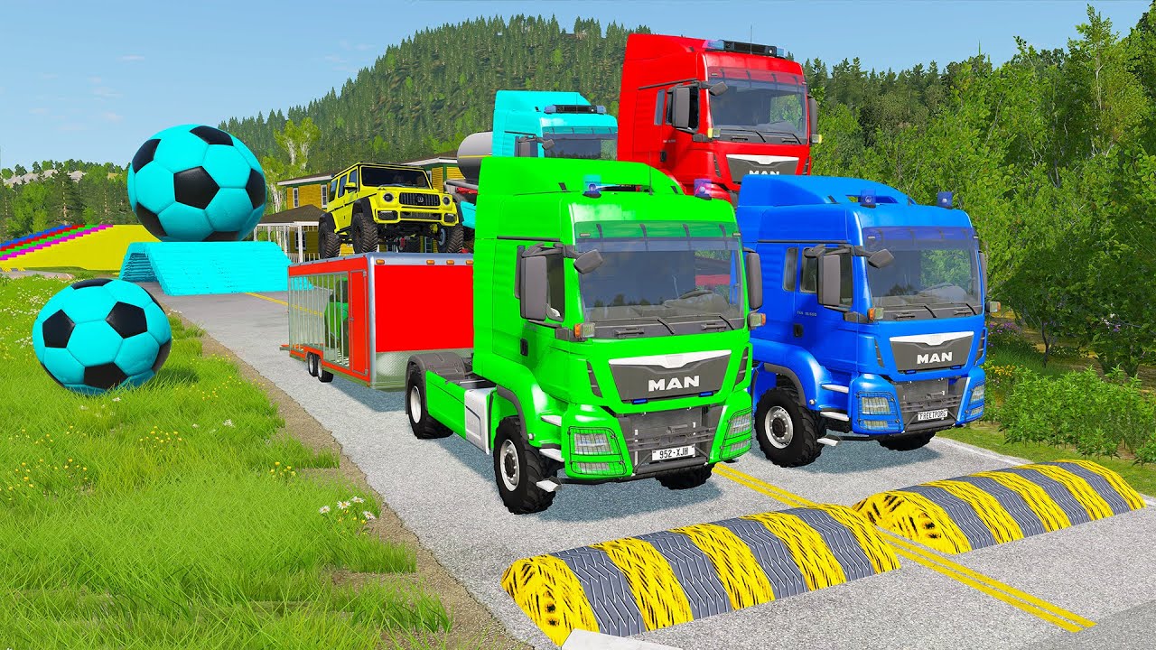 Double Flatbed Trailer Truck vs Speedbumps Train vs Cars | Tractor vs Train Beamng.Drive 076