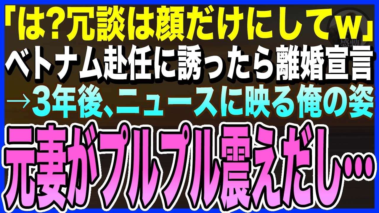 【感動する話】ベトナムへ異動になり「一緒に来ないか？」妻を誘うと「冗談は顔だけにしてw離婚よ」と吐き捨てた→3年後、ニュースに映る俺の姿を見つけた元妻はプルプル震えだし…【泣ける話・いい話・朗読】