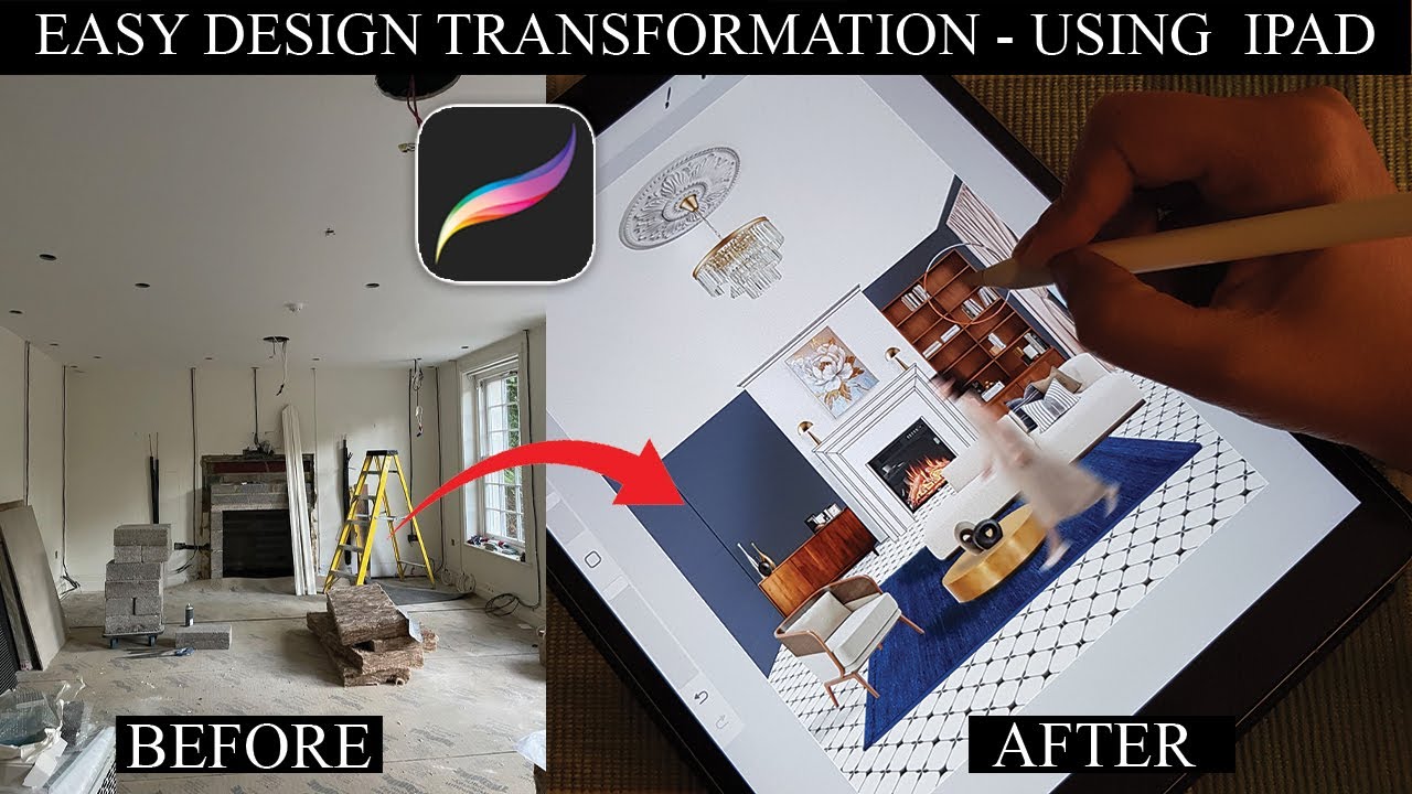 Procreate Before & After — 1 Point Perspective Living Room Makeover - Full Tutorial !!