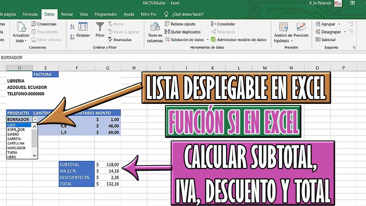 Como crear una Lista desplegable en Excel con varios datos | Calcular Iva, Descuento y Total