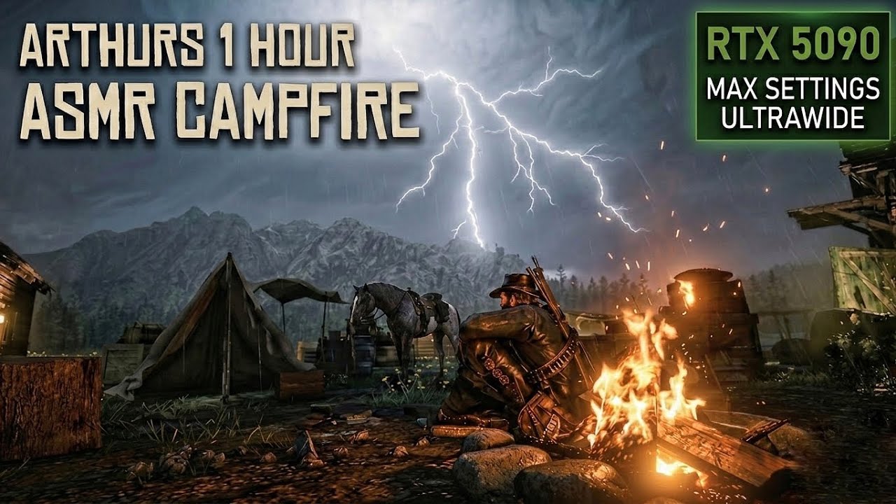 Arthur's 1 Hour Campfire in a Heavy Storm | RDR2 ASMR (5K Ultrawide, RTX 5090)