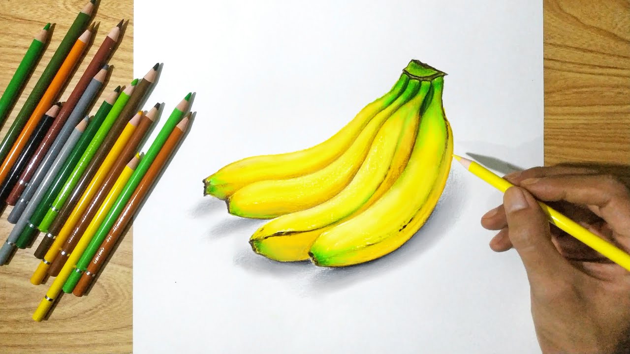 Lukisan 3d buah Pisang menggambar dengan menggunakan Pensil warna