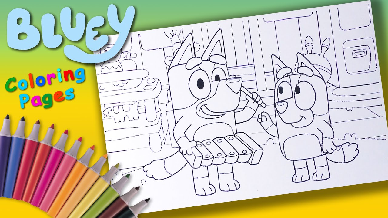 Disney Junior Bluey and Bingo Coloring Page For Kids. Learning To Coloring with Markers