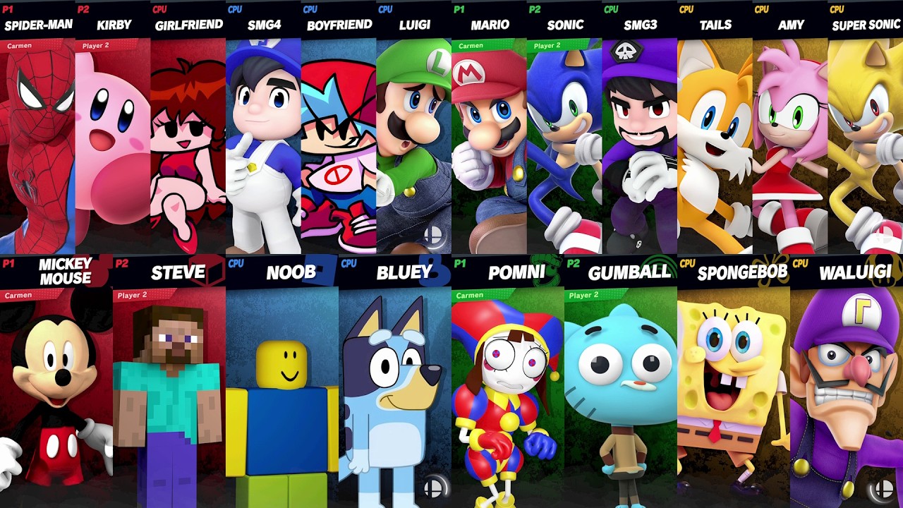 NEW Sonic vs Mario vs Roblox vs Minecraft vs Spider-Man vs Bluey vs SpongeBob vs Steve in Smash Bros