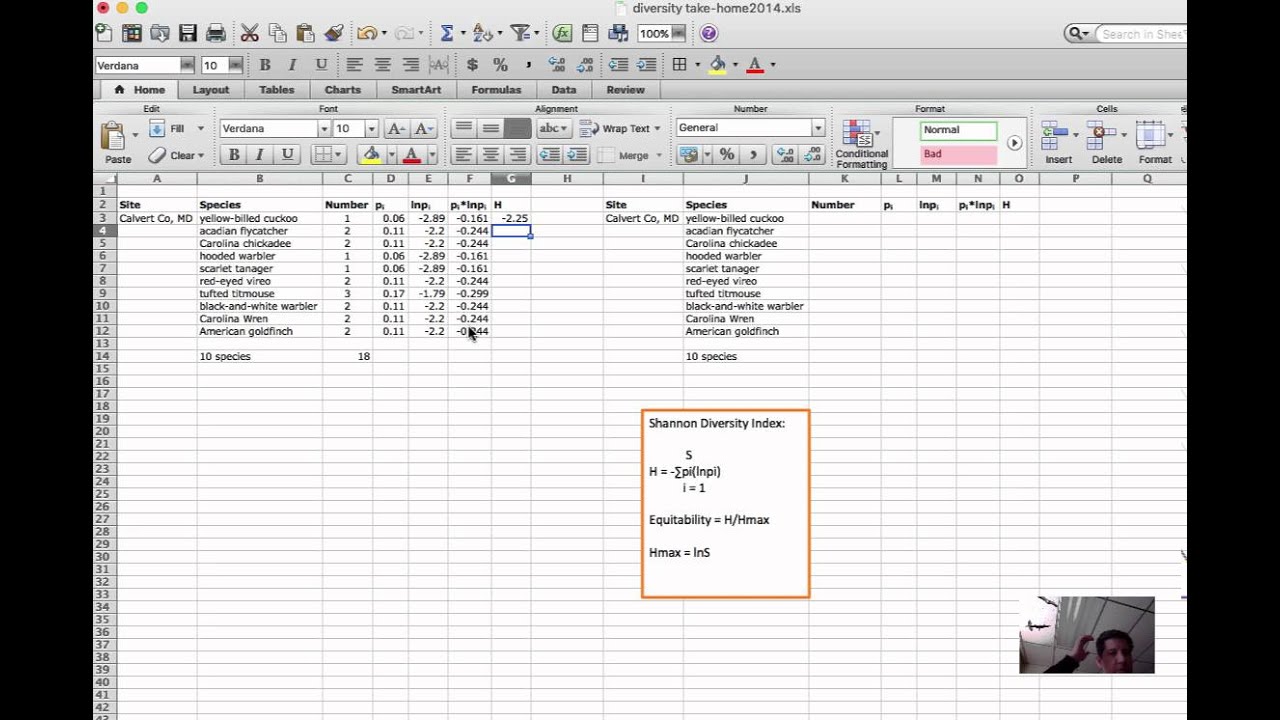 Diversity Calculation - Shannon diversity index and equitability in Excel