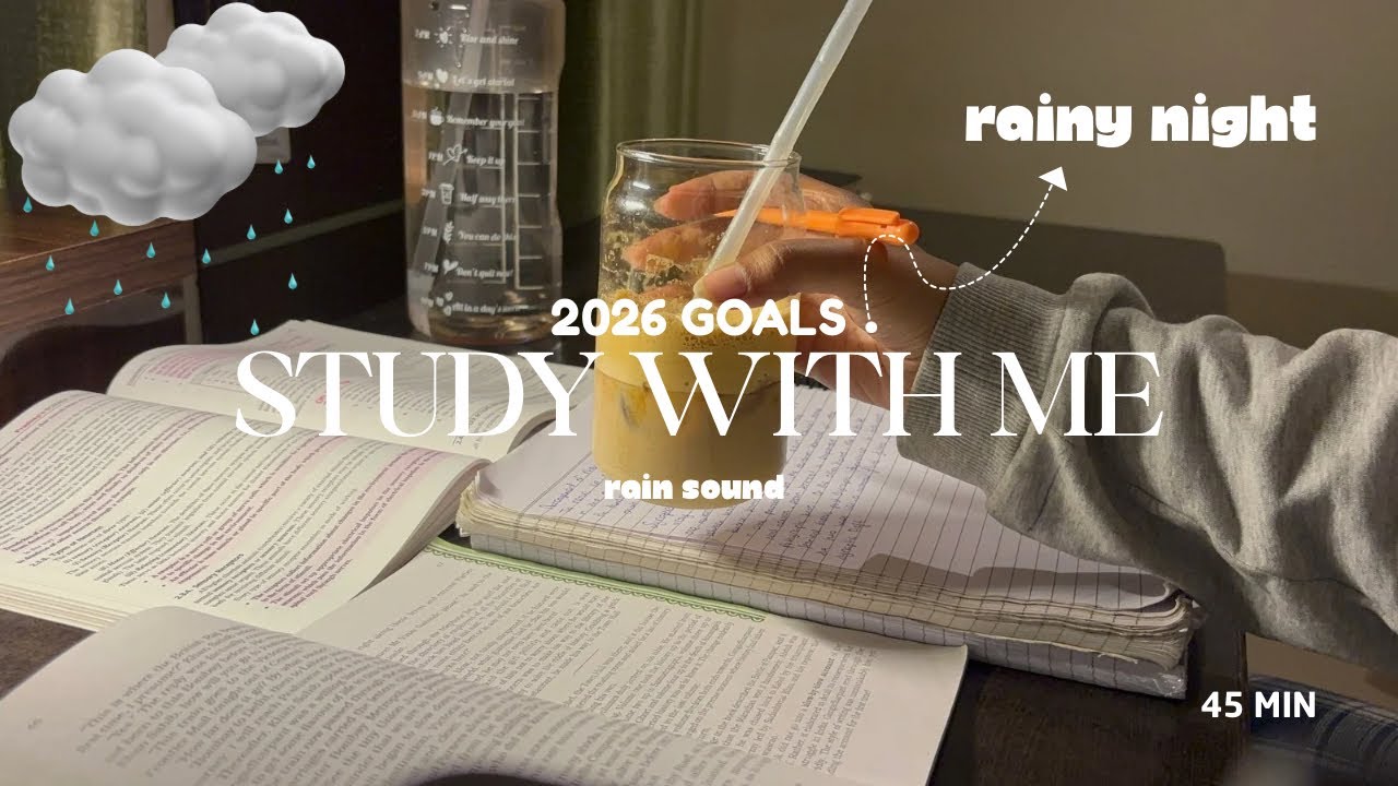 45min -Romanticizing my study🌙🧋| cozy piano & rain sound