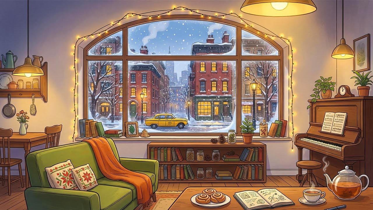 vintage jazz on a snowy 1950s morning in a cozy New York city coffeehouse | warm ambience to relax
